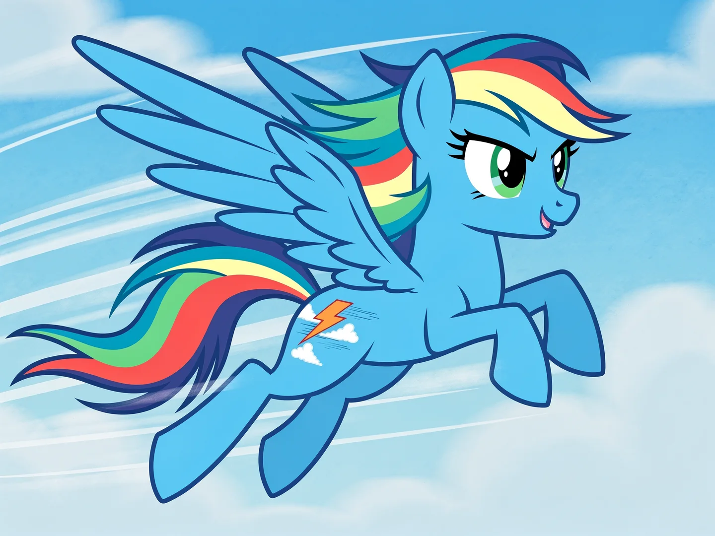 mlp oc generator scene of a blue rainbow pegasus OC flying through clouds with wings spread and lightning cutie mark