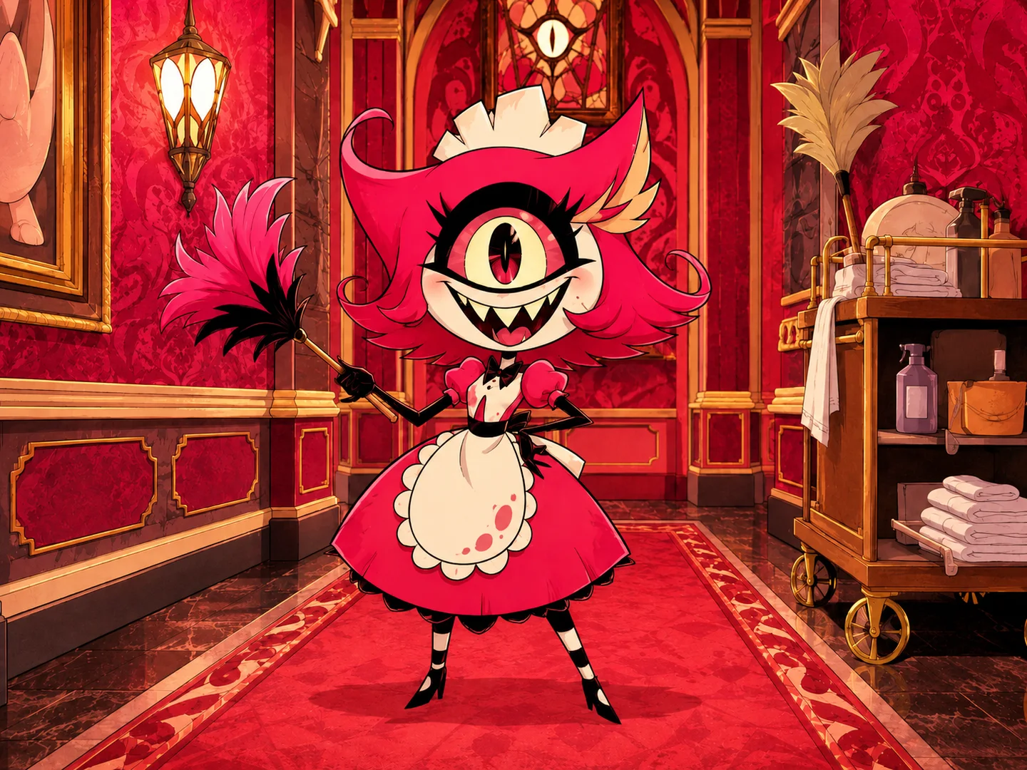 one-eyed demon maid standing in a red hotel corridor
