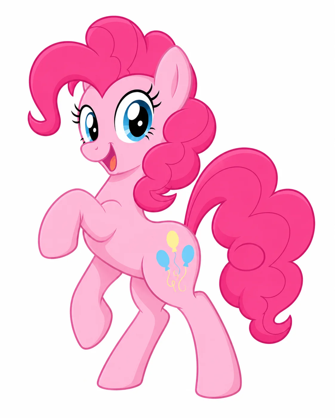 mlp creator pony artwork of a pink pony with curly magenta mane, blue eyes, joyful pose, and balloon cutie mark
