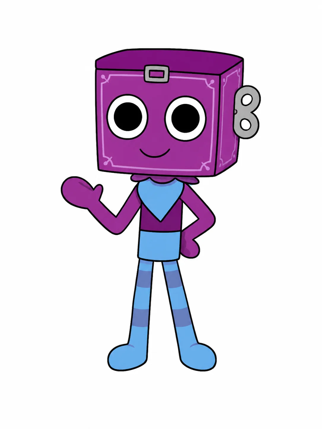 Boxten, un personaje con forma de caja de música morada y una llave para darle cuerda