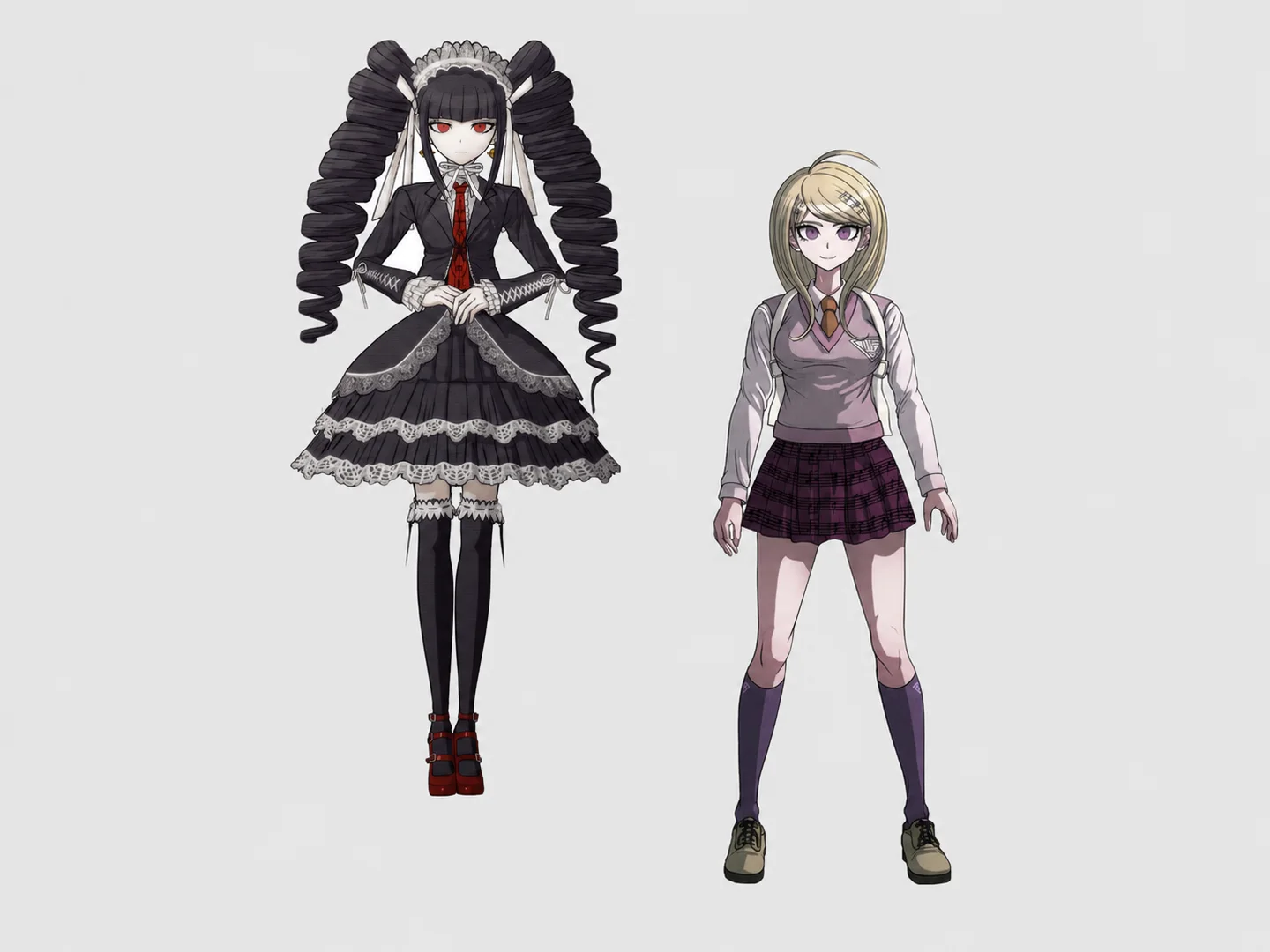 Two students in contrasting gothic and school-uniform character designs