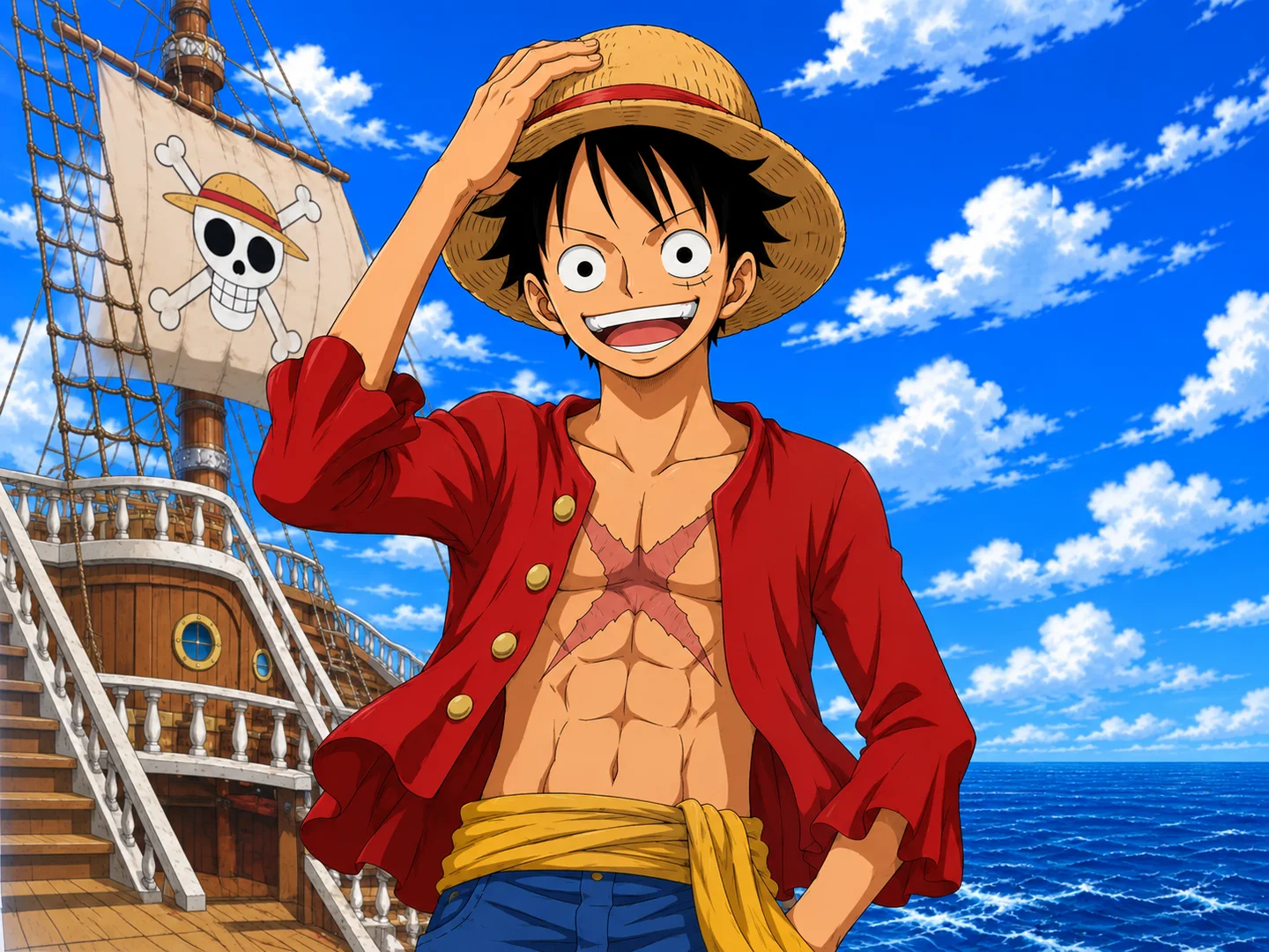 Straw-hatted pirate captain standing on a ship beneath a bright blue sky