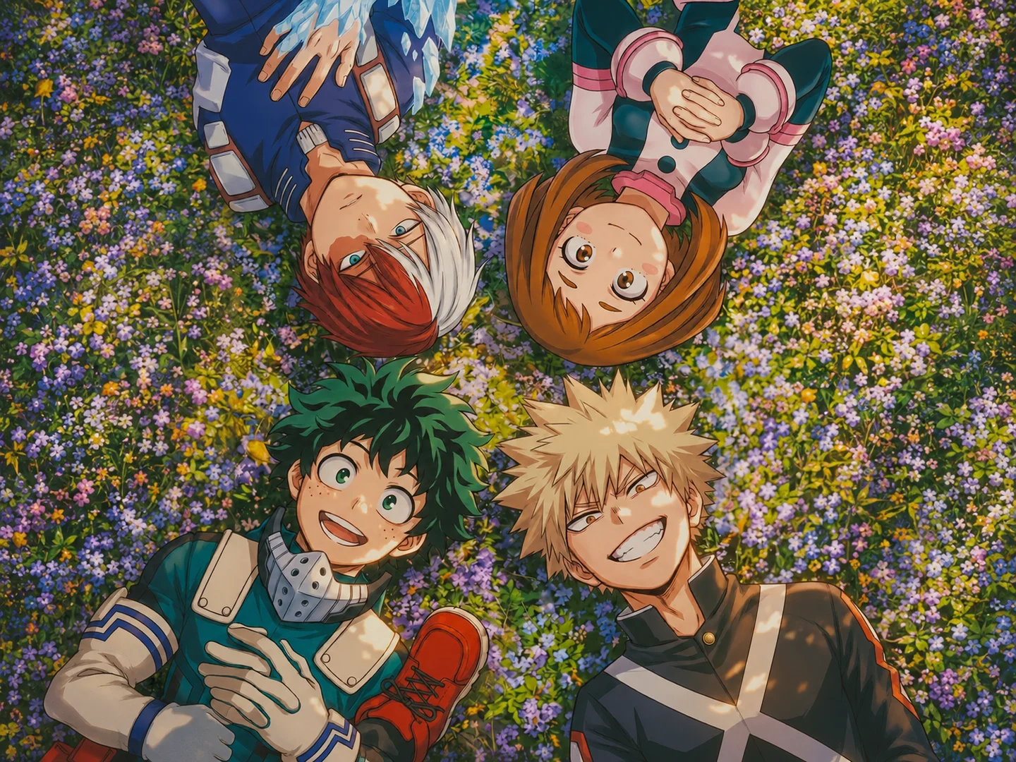 Four anime hero classmates lying together in a field of flowers