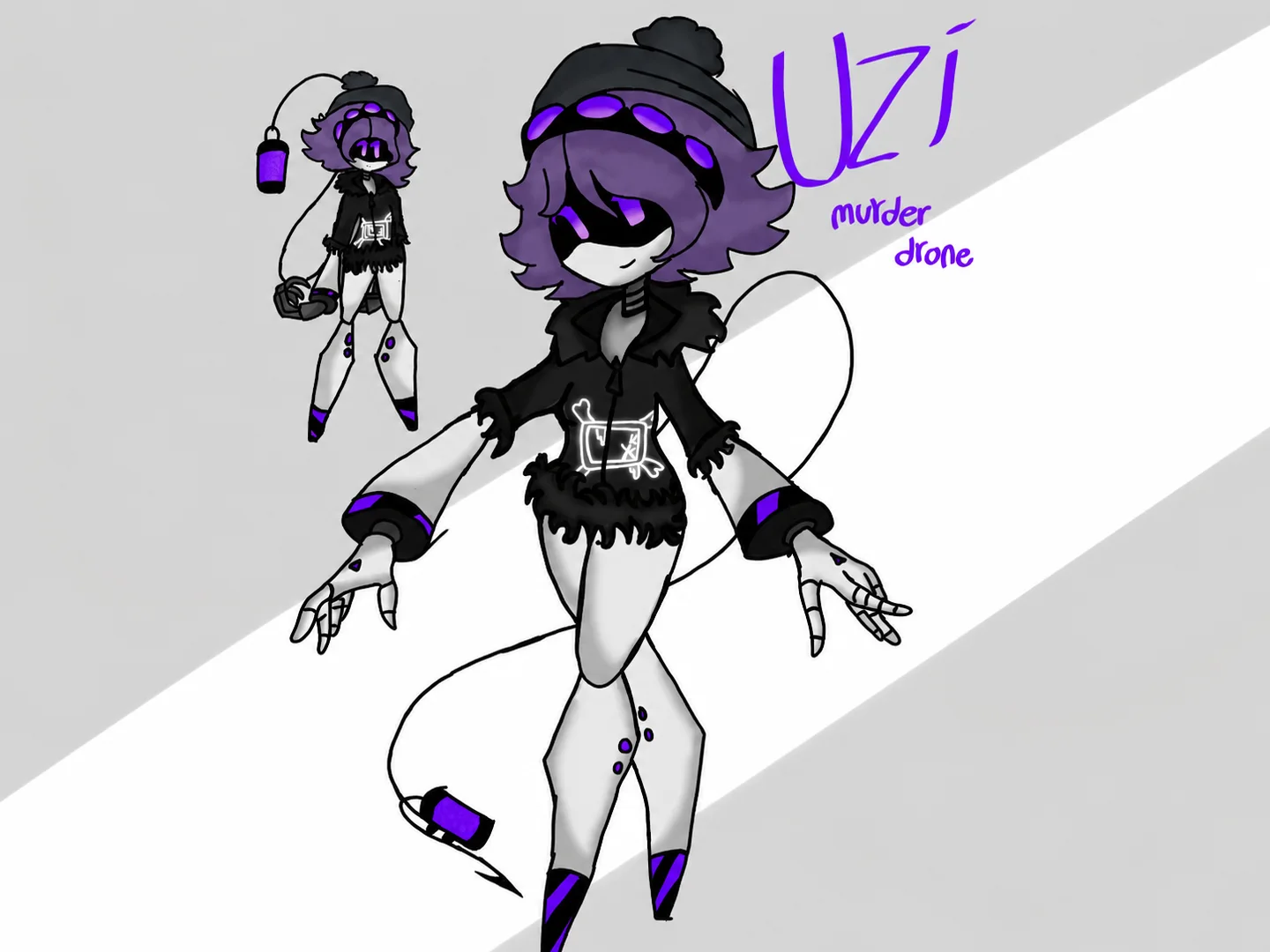 Purple goth drone character sheet with a beanie, tattered outfit, mechanical wings, and a glowing tail.