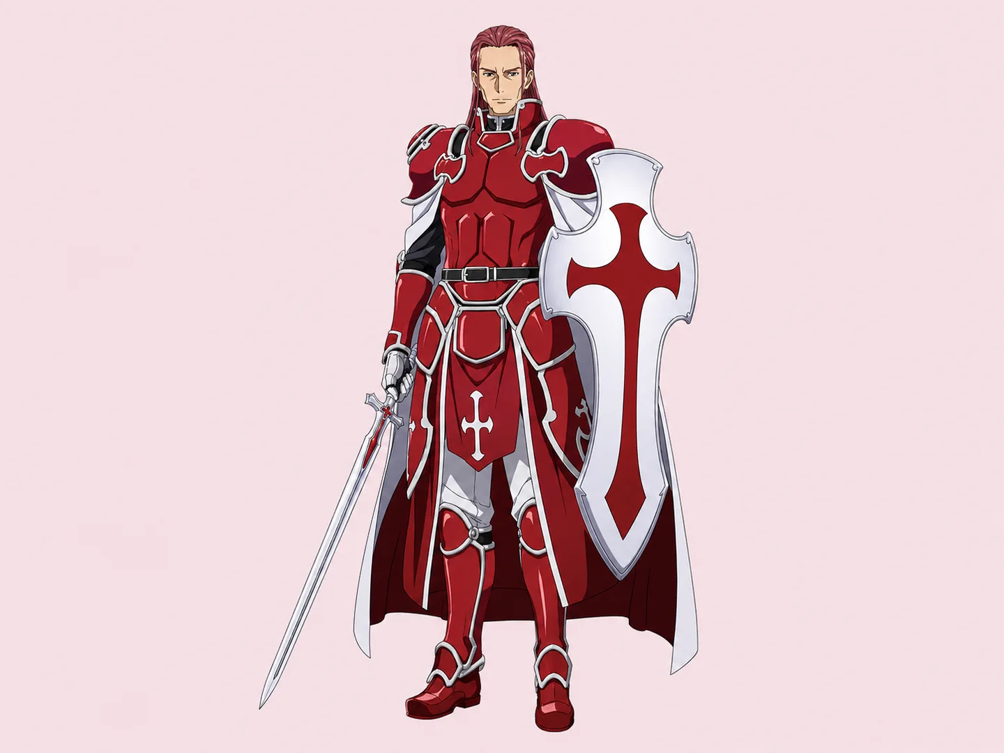 Heathcliff in red armor holding a sword and a white cross-shaped shield