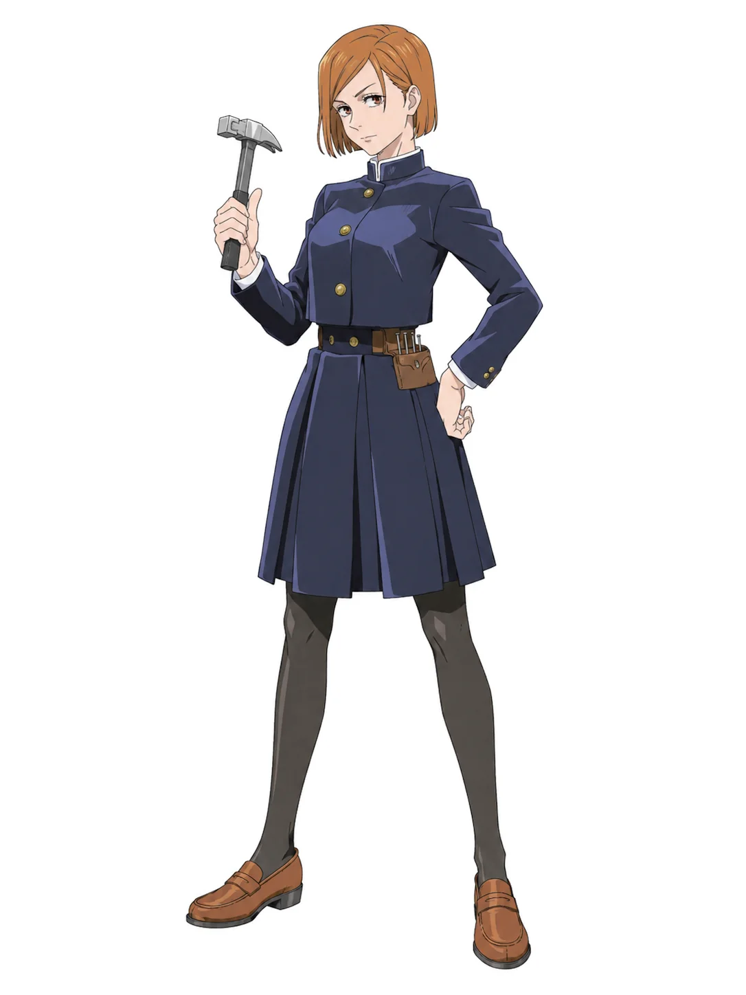 A JJK OC Maker reference shows a short-haired female sorcerer in a navy uniform holding a hammer.