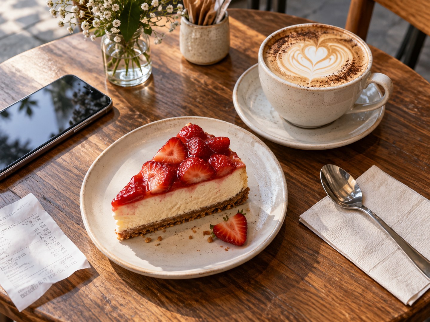 Wider cafe table scene with cheesecake, coffee, and flowers