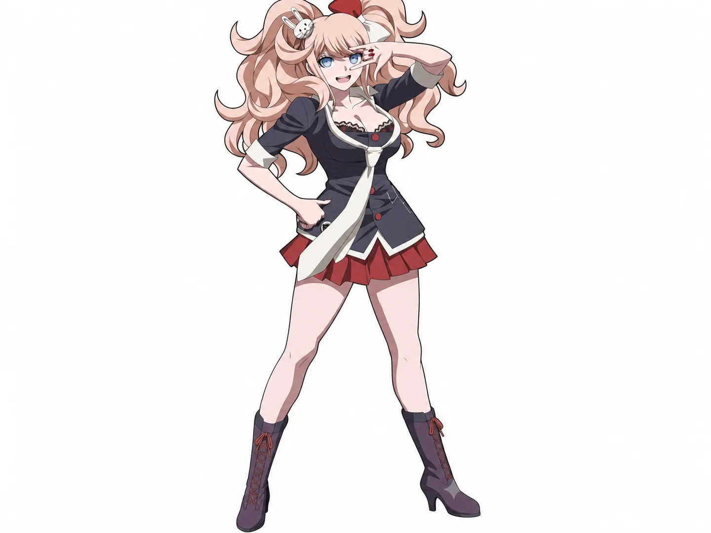 Full-body student with peach twin-tails, a dark school jacket, red skirt, and lace-up boots