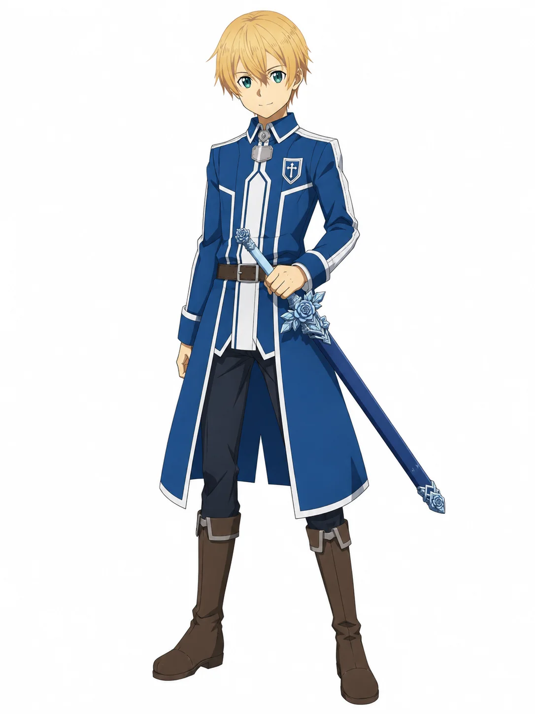 Eugeo with soft blond hair, a blue academy coat, brown boots, and the Blue Rose Sword