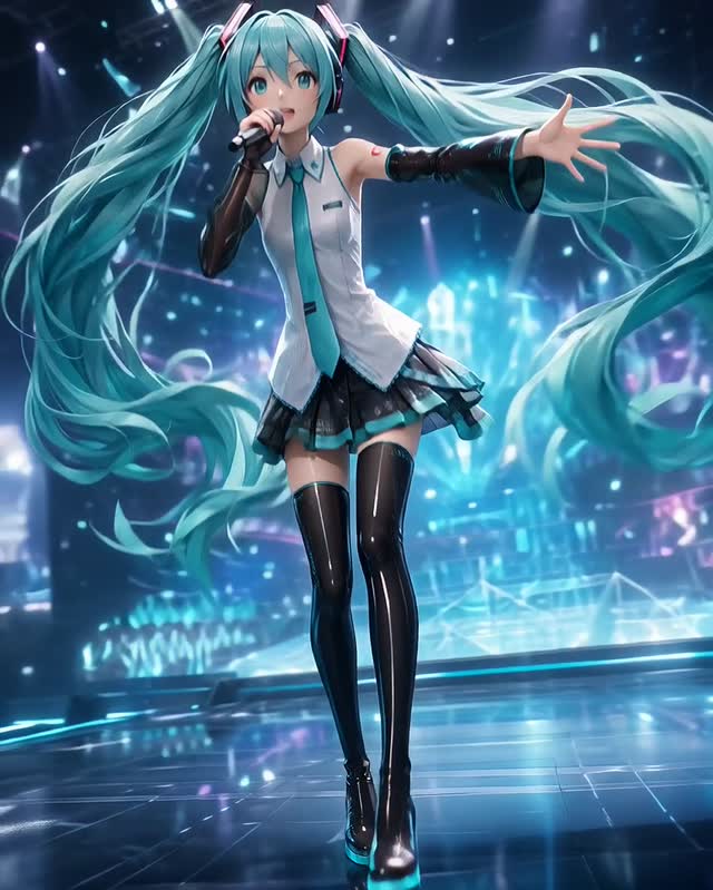Teal twintail idol performing on stage in an AI animation