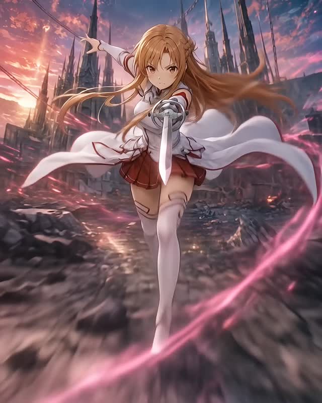 Sword girl making an energy dash in an AI animation