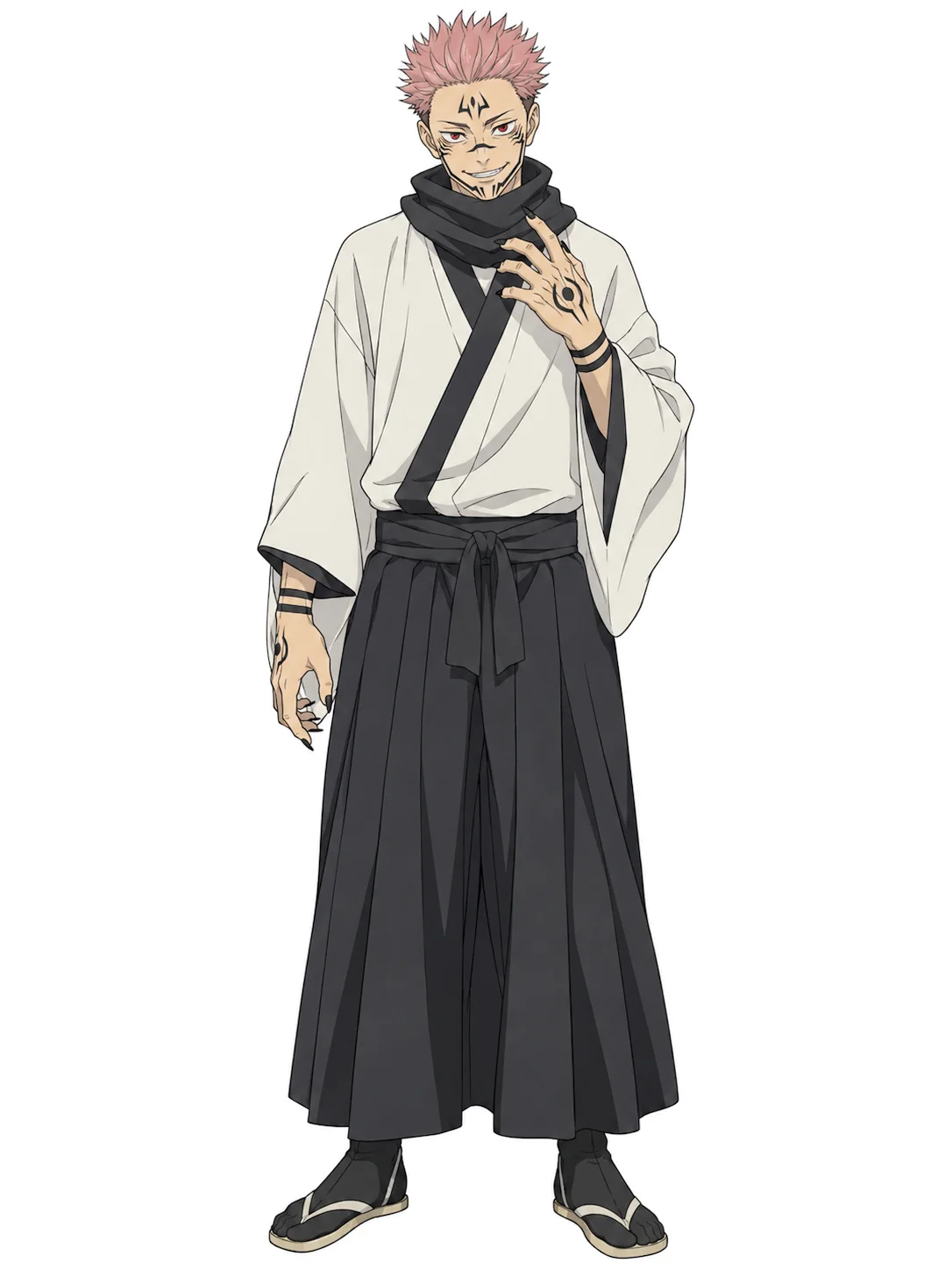 JJK OC with pink hair, facial markings, white robes, and black hakama stands against a white background.
