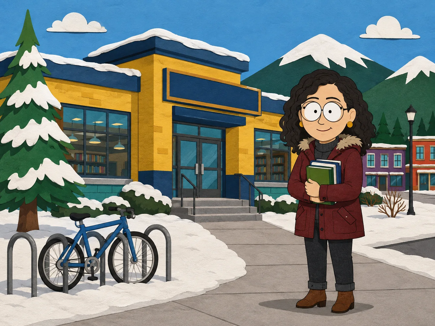 South Park-inspired woman standing outside a snowy school