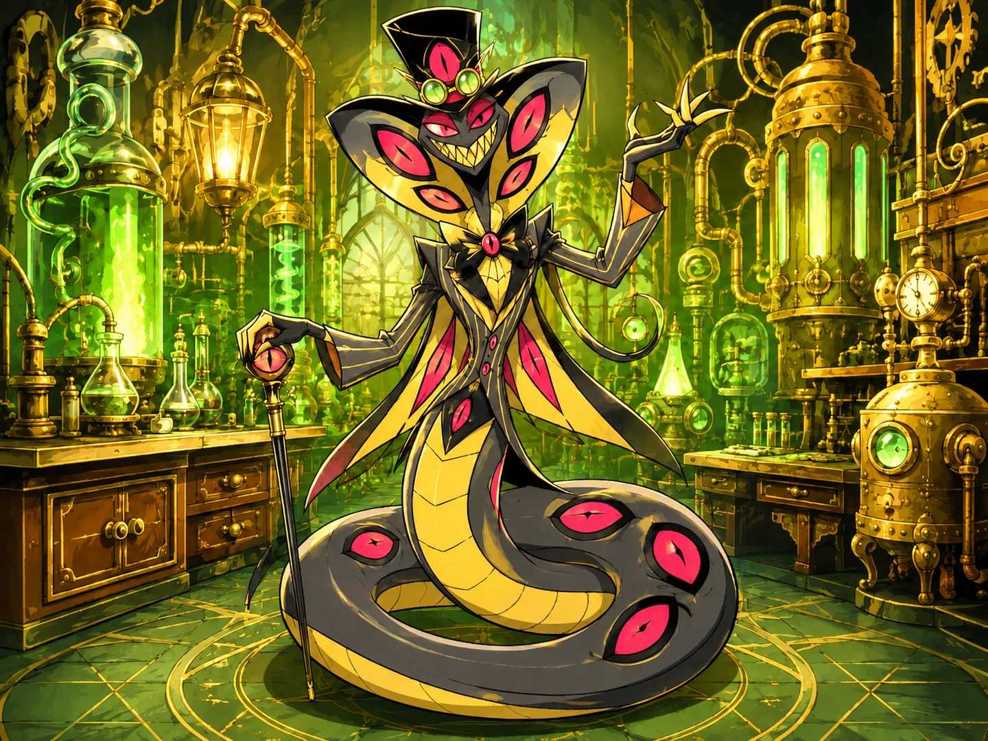 snake demon inventor posing in a green alchemy laboratory