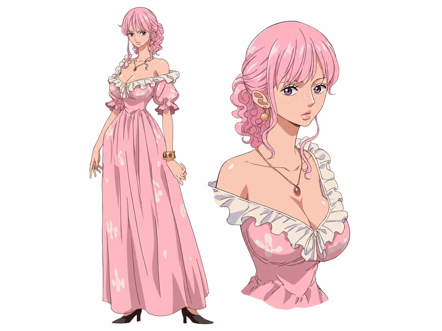 Pink-haired anime princess shown in full-body and close-up character reference views
