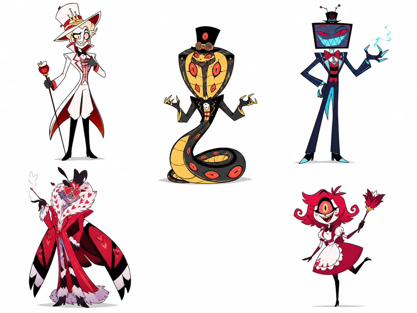 Hazbin Hotel OC Maker preview with a theatrical demon OC in a red underworld hotel scene