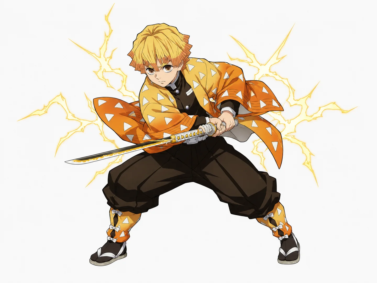 original flame swordsman charging through a red maple forest at sunset