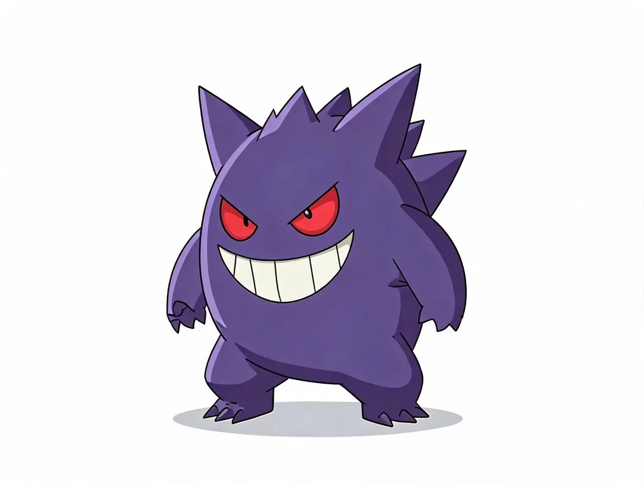 Gengar character illustration with a purple body, red eyes, and wide grin
