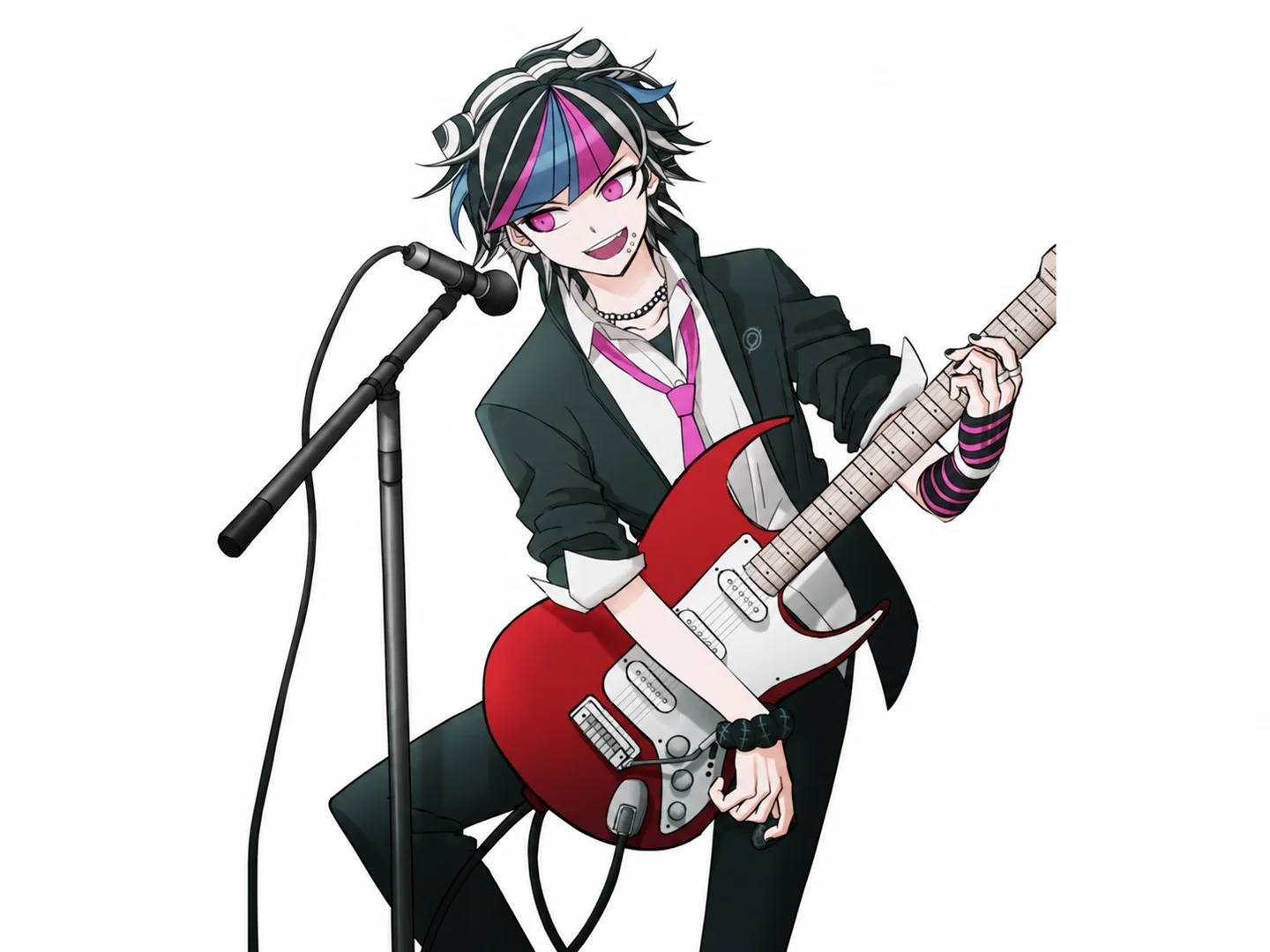 Student musician with black, blue, and pink hair playing a red electric guitar