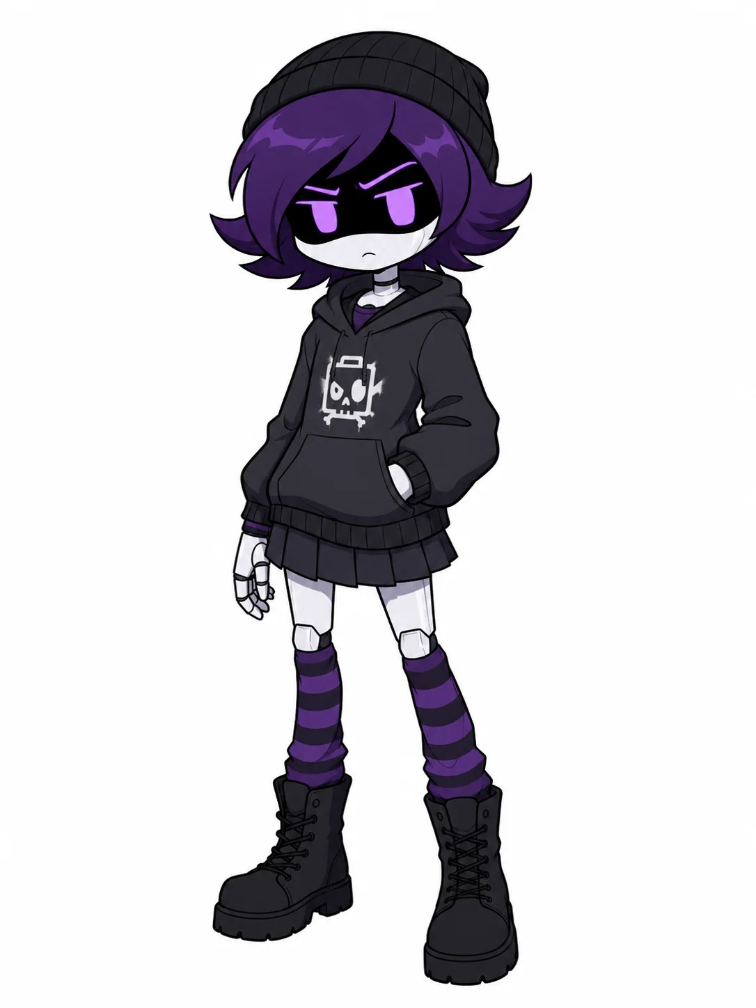 Purple-eyed goth drone wearing a beanie, skull hoodie, striped leg warmers, and platform boots.