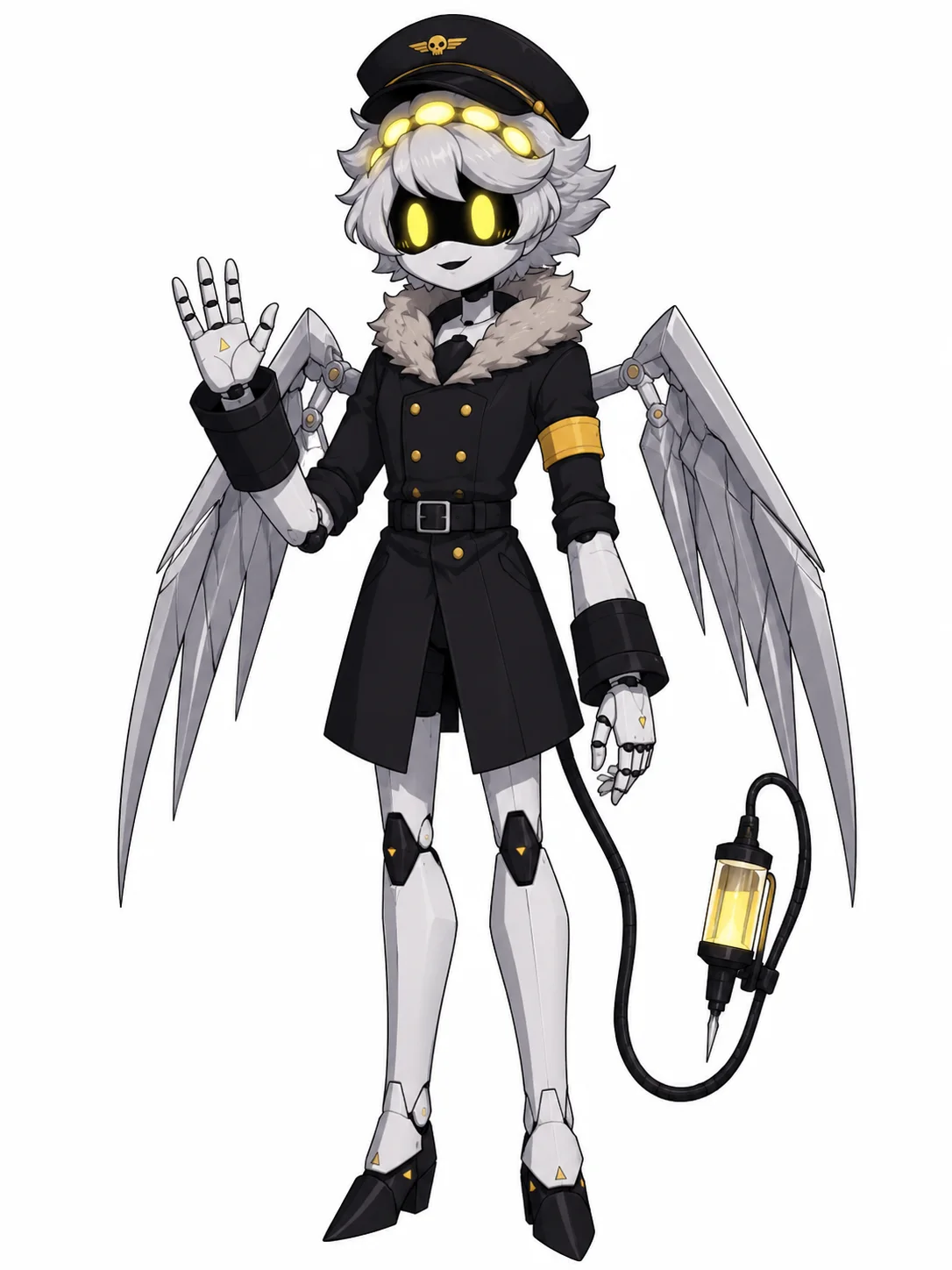 Black-and-gold winged drone in a military uniform with silver hair and a glowing syringe tail.