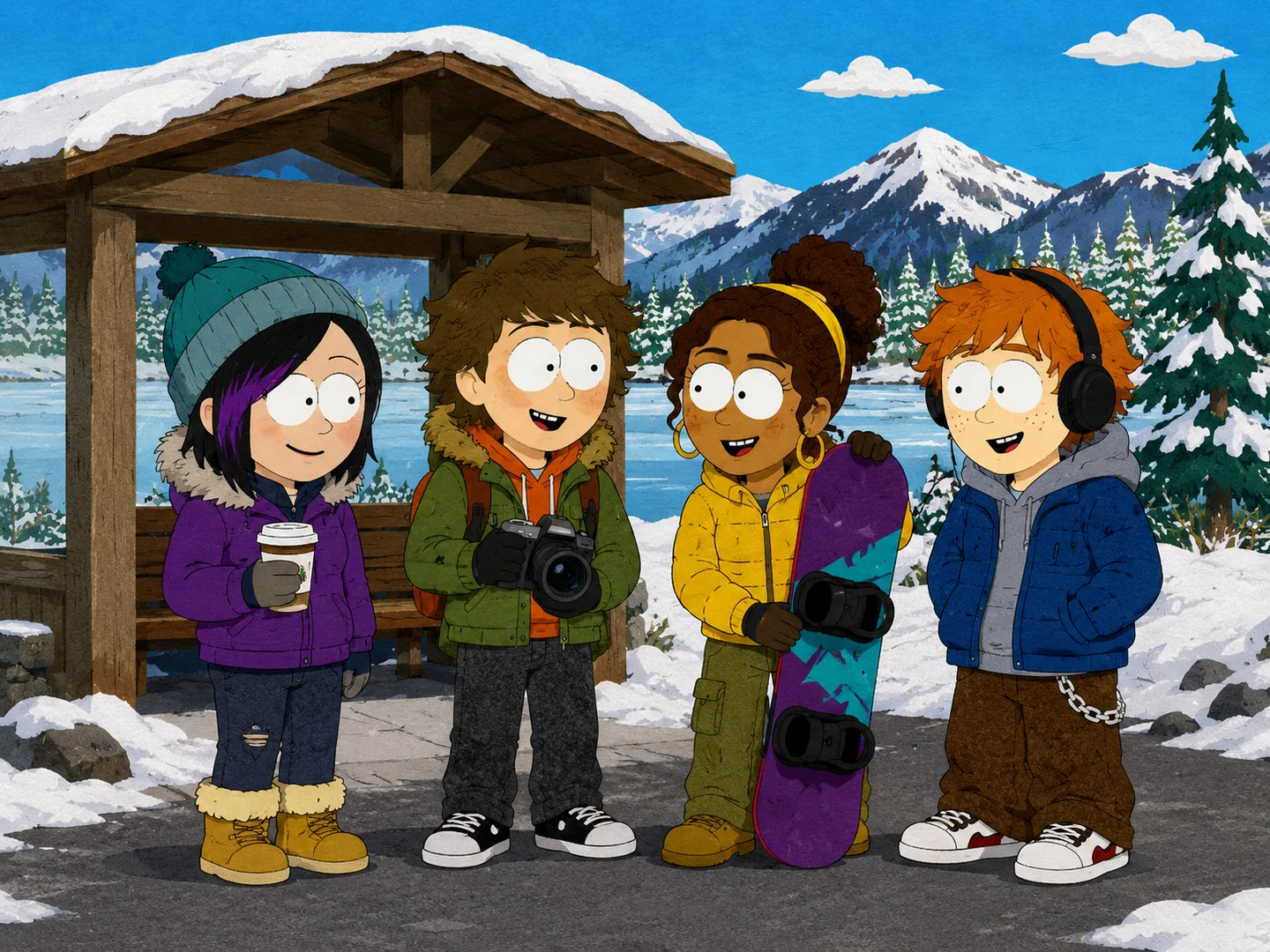 Four South Park-inspired friends with winter sports gear