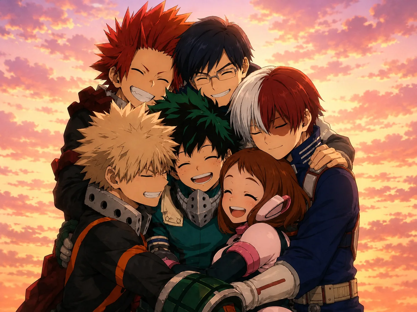 Six anime hero classmates embracing at sunset