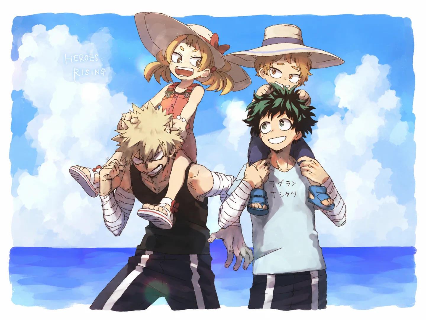 Four anime classmates spending a cheerful summer day at the beach