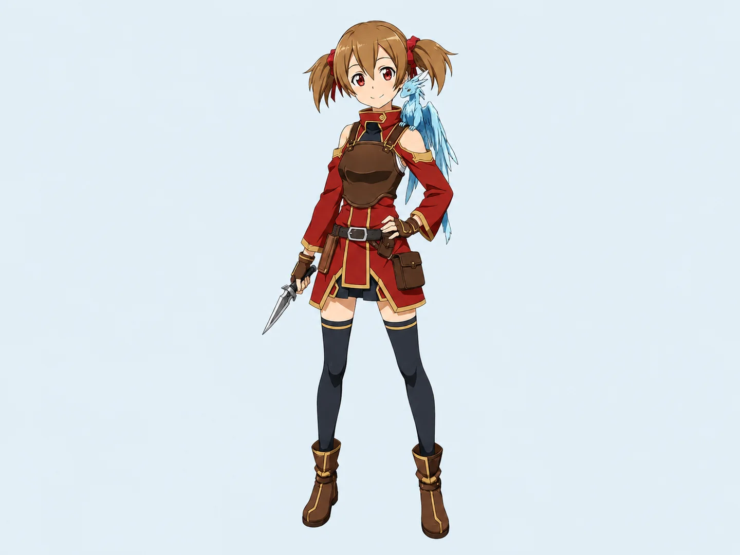 Silica in a red adventurer outfit with Pina resting on her shoulder