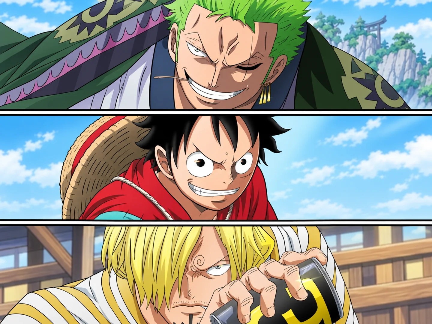 Three-panel anime composition featuring a swordsman, pirate captain, and blond cook