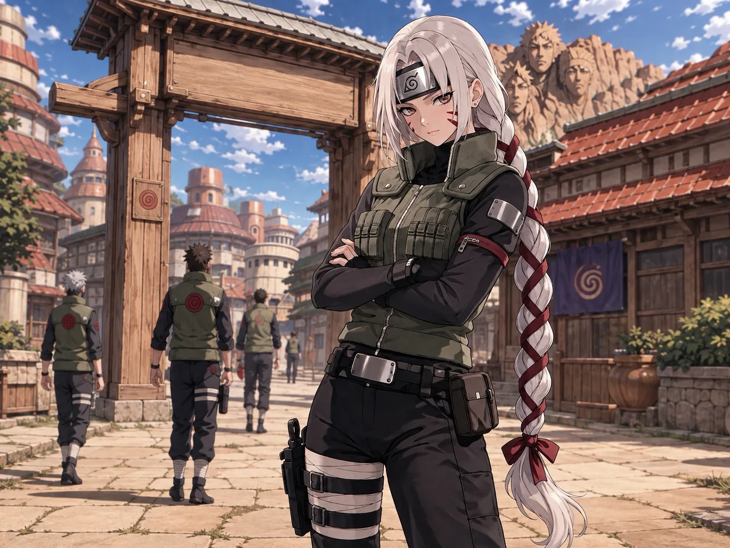 Original white-haired shinobi OC in an olive tactical vest standing in a Hidden Leaf Village street