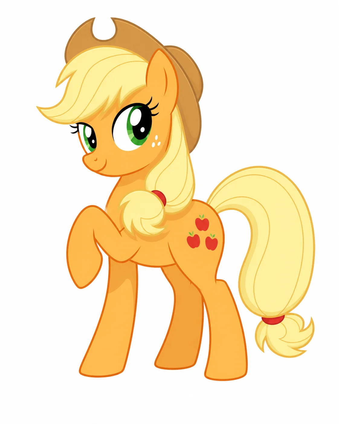 mlp oc maker example showing an orange farm pony with blonde mane, green eyes, brown hat, and apple cutie mark