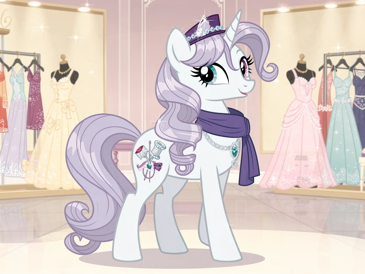 mlp oc creator scene of a white unicorn pony in a boutique with lavender mane, tiara, scarf, and formal dresses