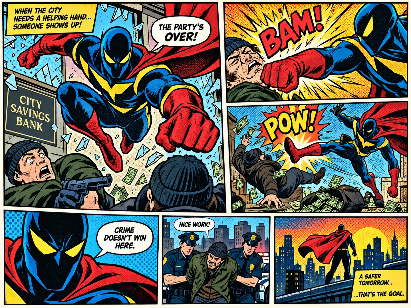 Retro Superhero Bank Rescue comic example