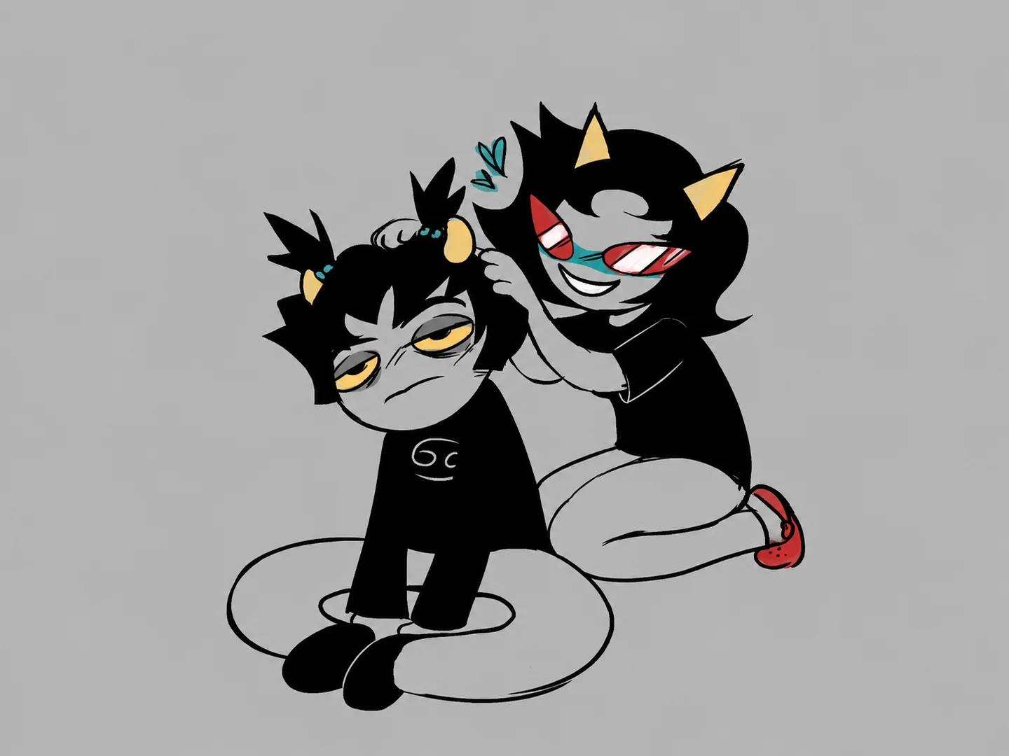 Two gray-skinned horned troll characters interacting against a gray background