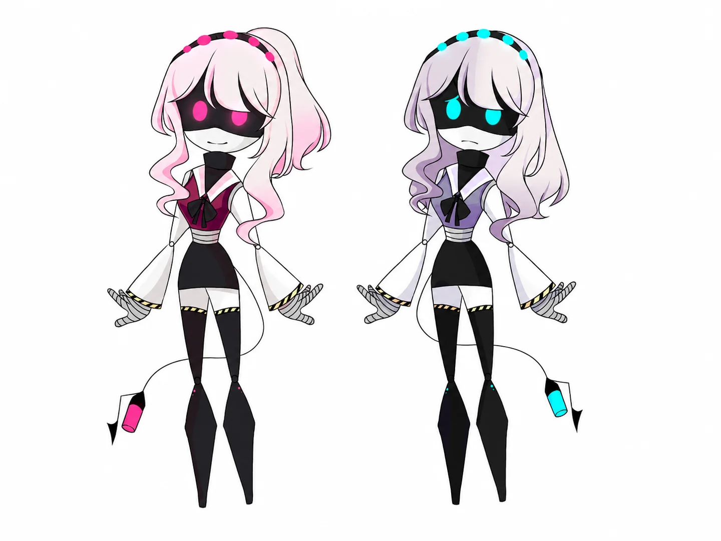 Two long-haired drone variants with pink and cyan visors, matching outfits, and bladed tails.