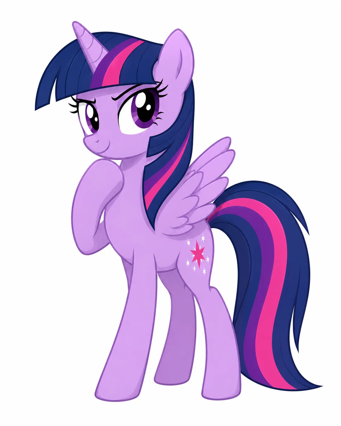 mlp oc of a purple alicorn pony with navy and pink mane, wings, horn, bright eyes, and a starburst cutie mark