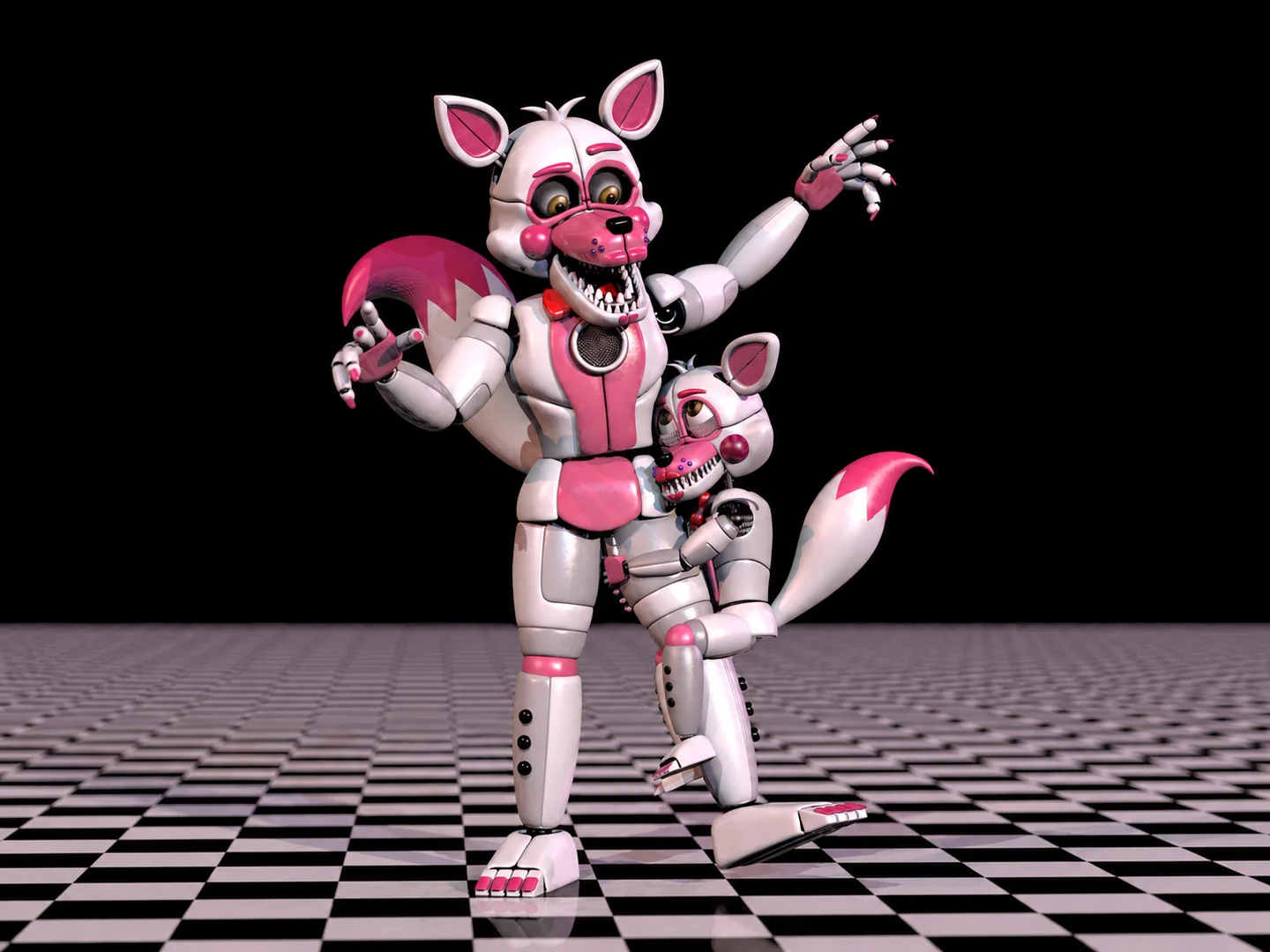 Two pink-and-white fox animatronics performing together on a checkerboard stage