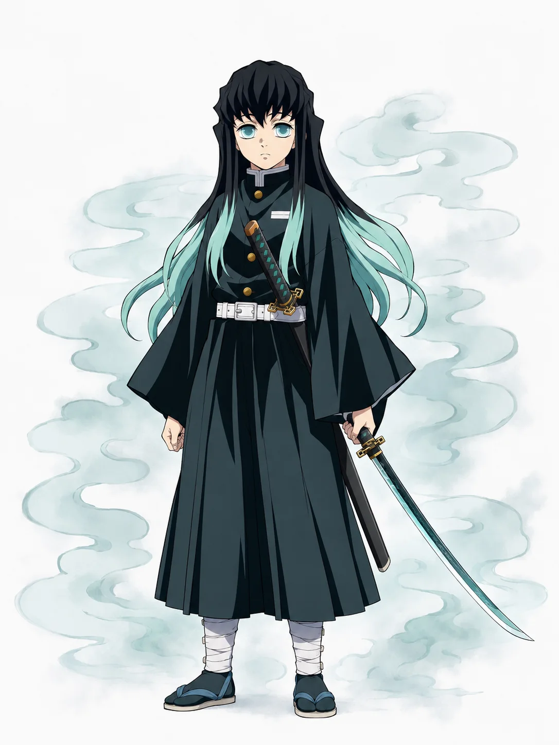 Muichiro Tokito with long black hair fading into turquoise, a loose black uniform, and pale blue mist