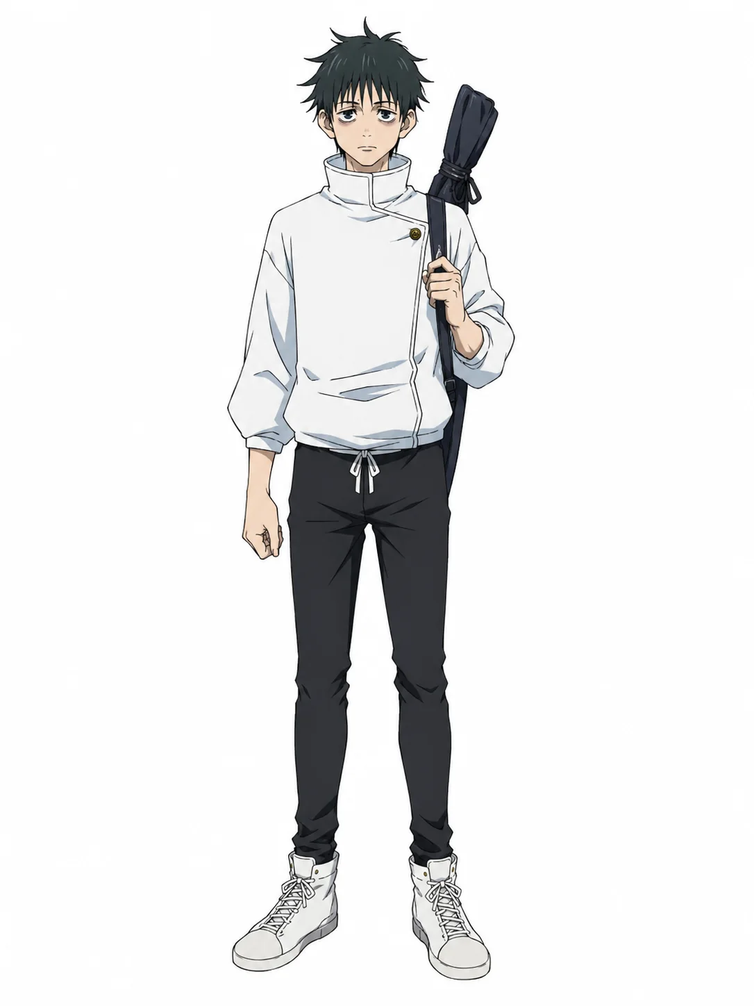 A JJK OC Maker full-body reference shows a black-haired student wearing a white uniform and carrying a wrapped sword.