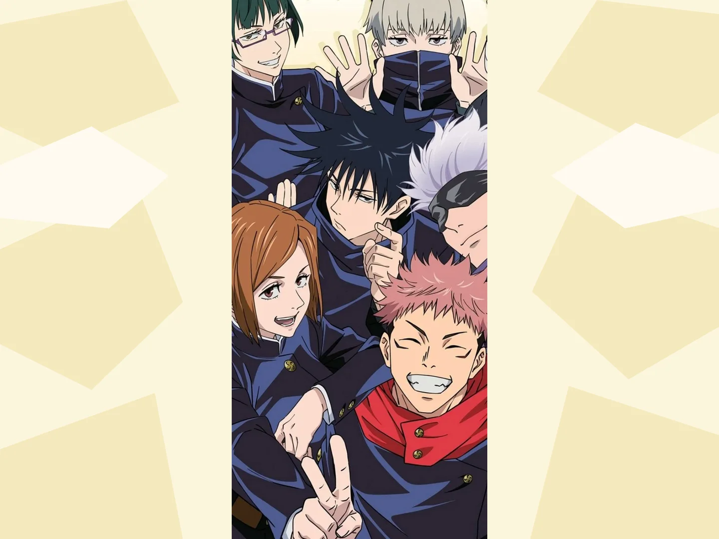 A JJK OC Maker group portrait shows six sorcerers smiling together for a story scene.