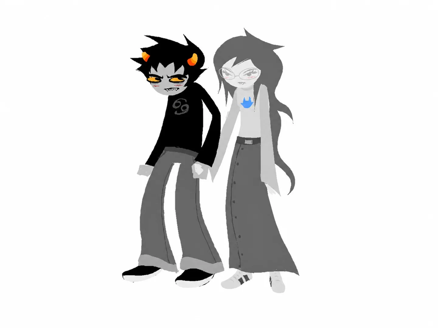 A gray-skinned horned troll character and a long-haired human character standing together