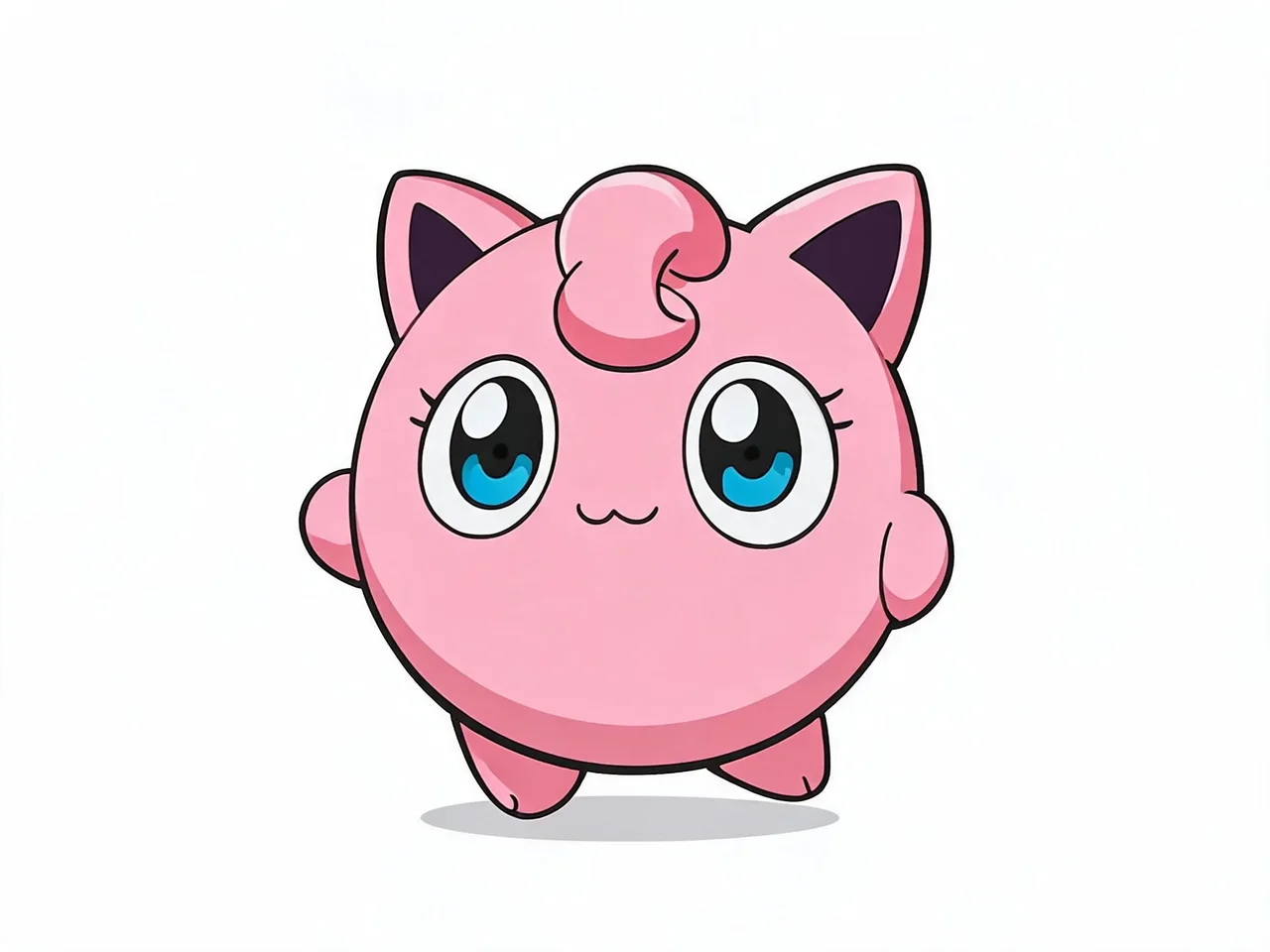 Jigglypuff character illustration with a round pink body, blue eyes, and curled forelock