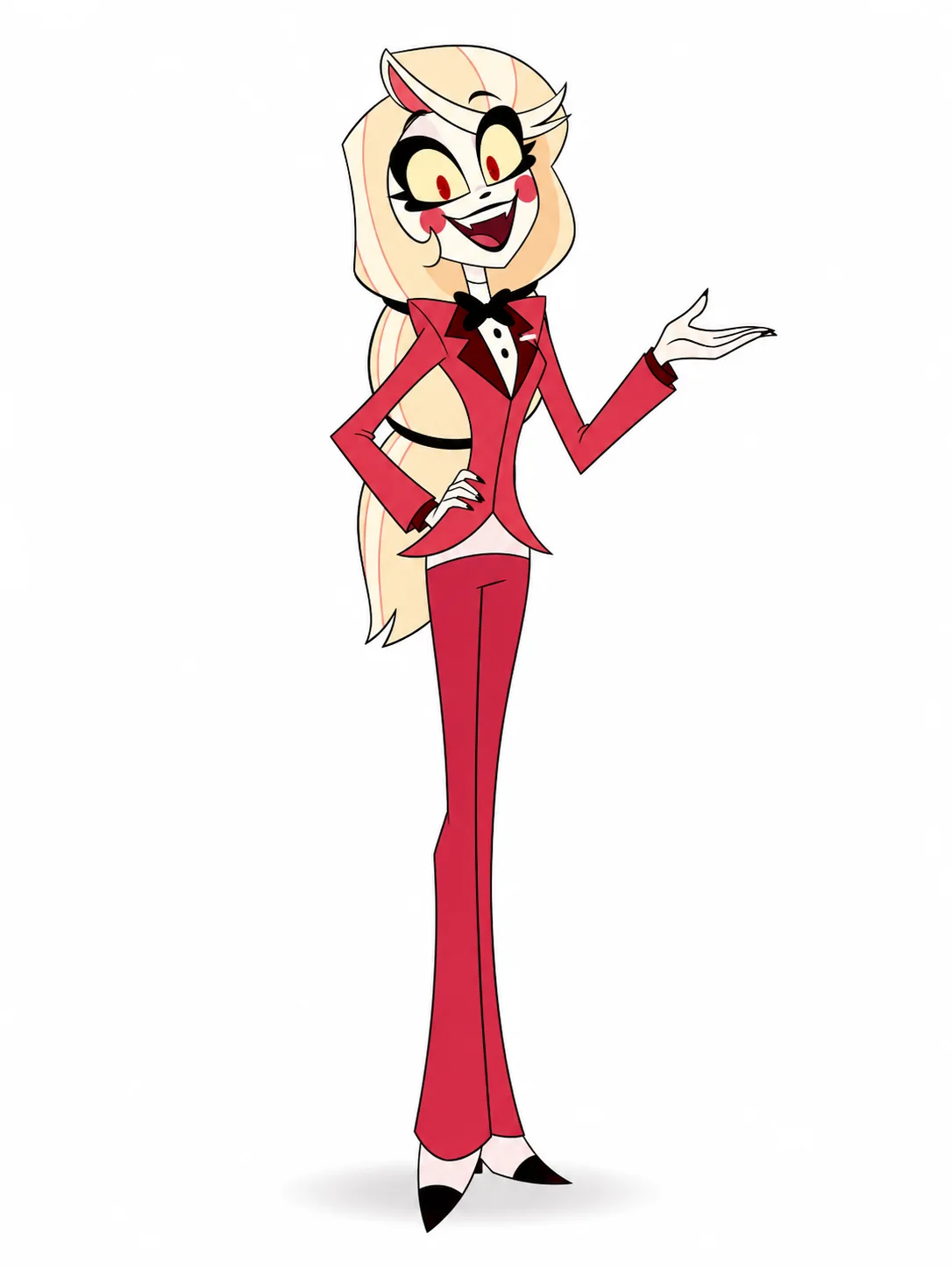 Charlie Morningstar in a red suit with long blonde hair