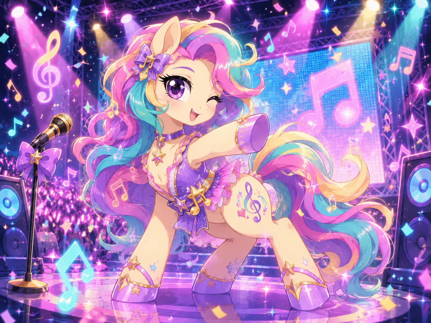 mlp oc creator scene of a pop star pony singing on a neon concert stage with music notes, microphone, speakers, and colorful spotlights