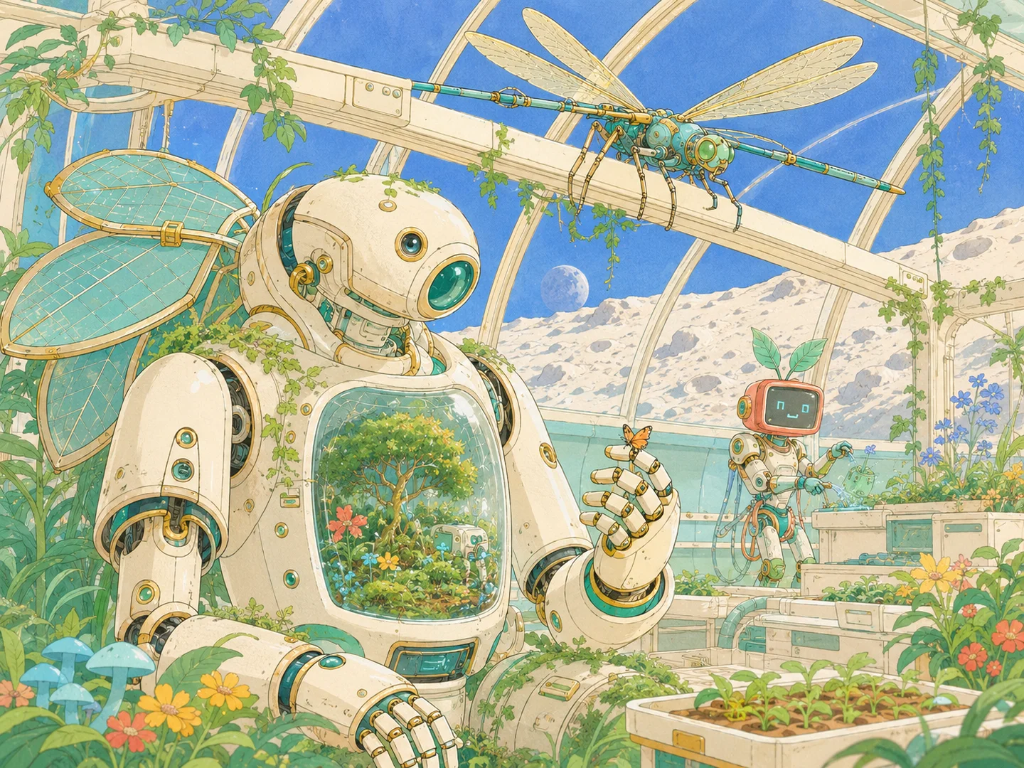 A robot gardener with a terrarium chest tending a bright greenhouse on the moon.
