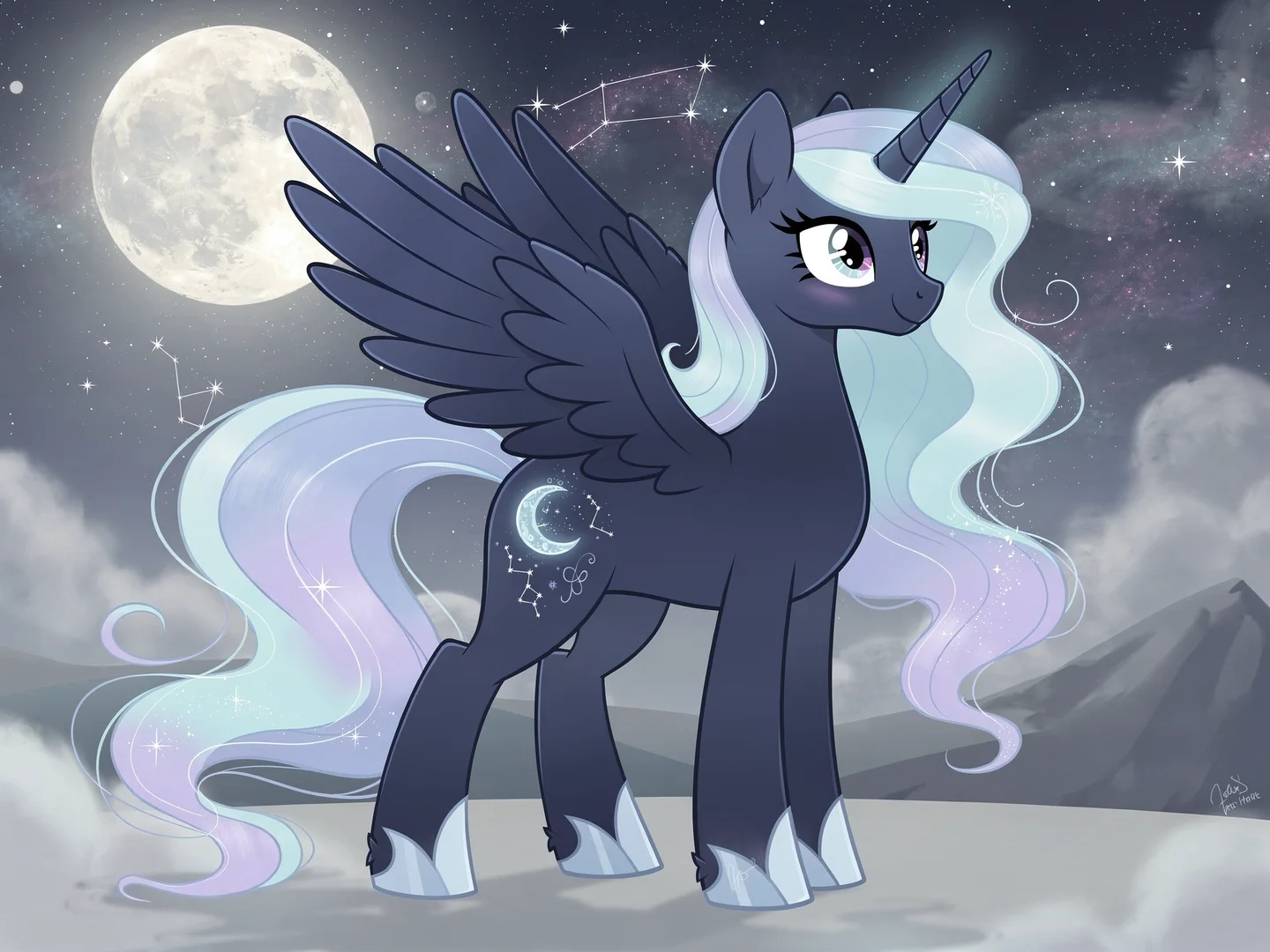 pony creator scene of a dark moon alicorn OC with glowing mane, wings, horn, crescent cutie mark, and night sky