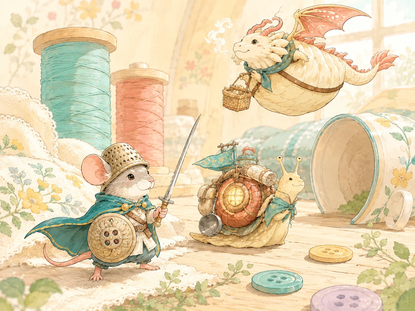 A mouse knight, snail backpacker, and small dumpling dragon adventuring among sewing supplies.