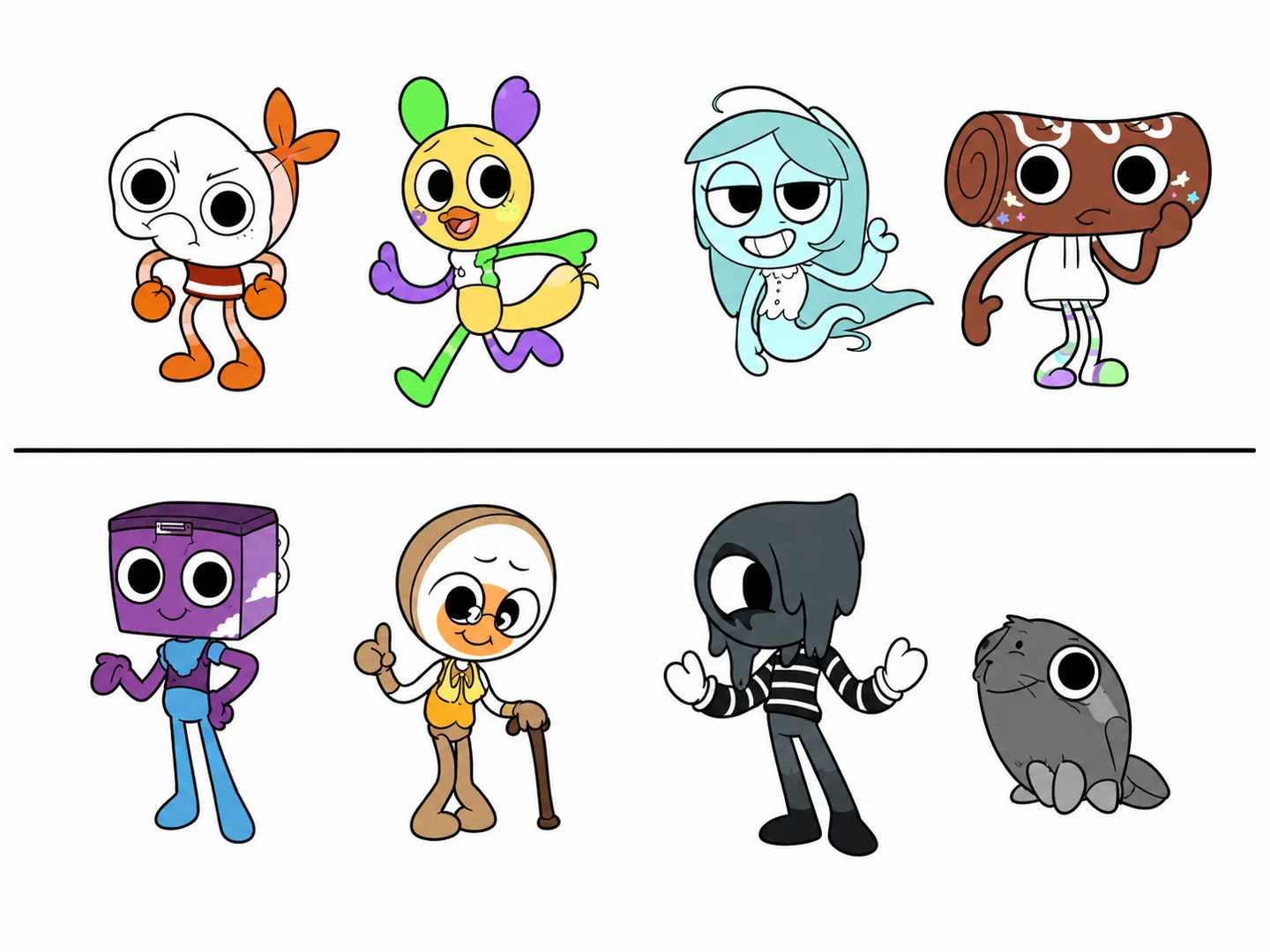 Dandy's World OC generator scene of original Toon characters standing under a soft stage spotlight