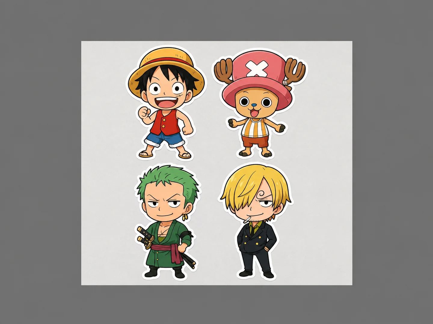 Four chibi pirate crew characters arranged together on a pale square background